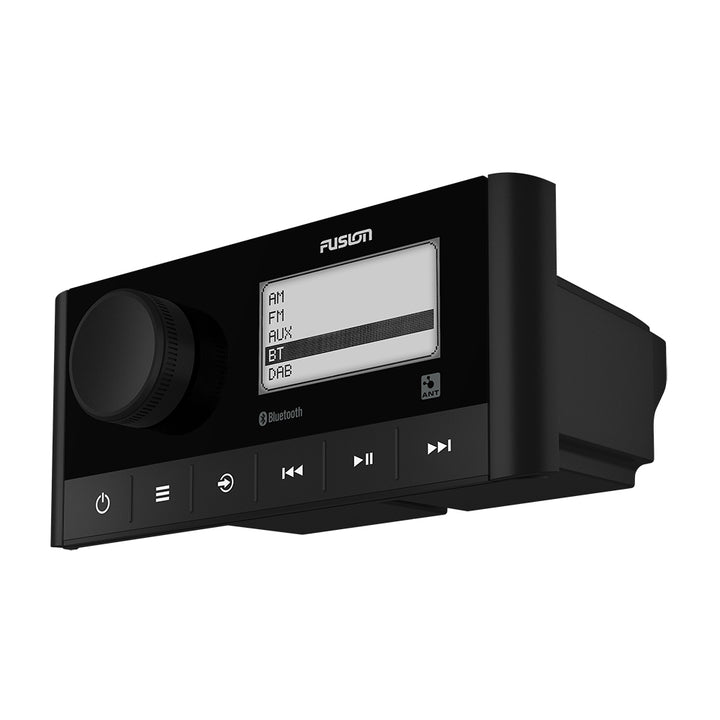 Fusion MS-RA60 stereo with AM/FM radio, Bluetooth, and 2-zone audio control, designed for marine or vehicle sound systems.