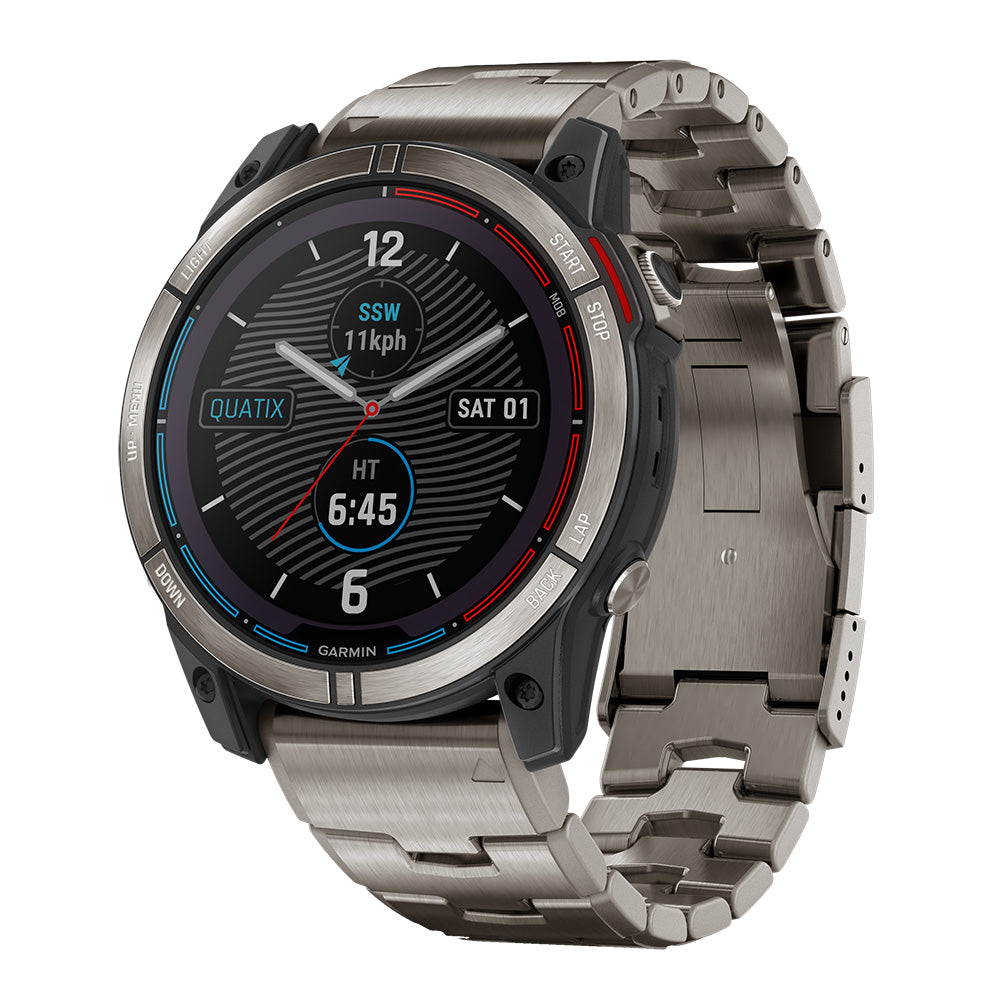 Garmin quatix 7 Solar Edition marine GPS smartwatch with solar charging, featuring a rugged design and digital display for marine navigation.