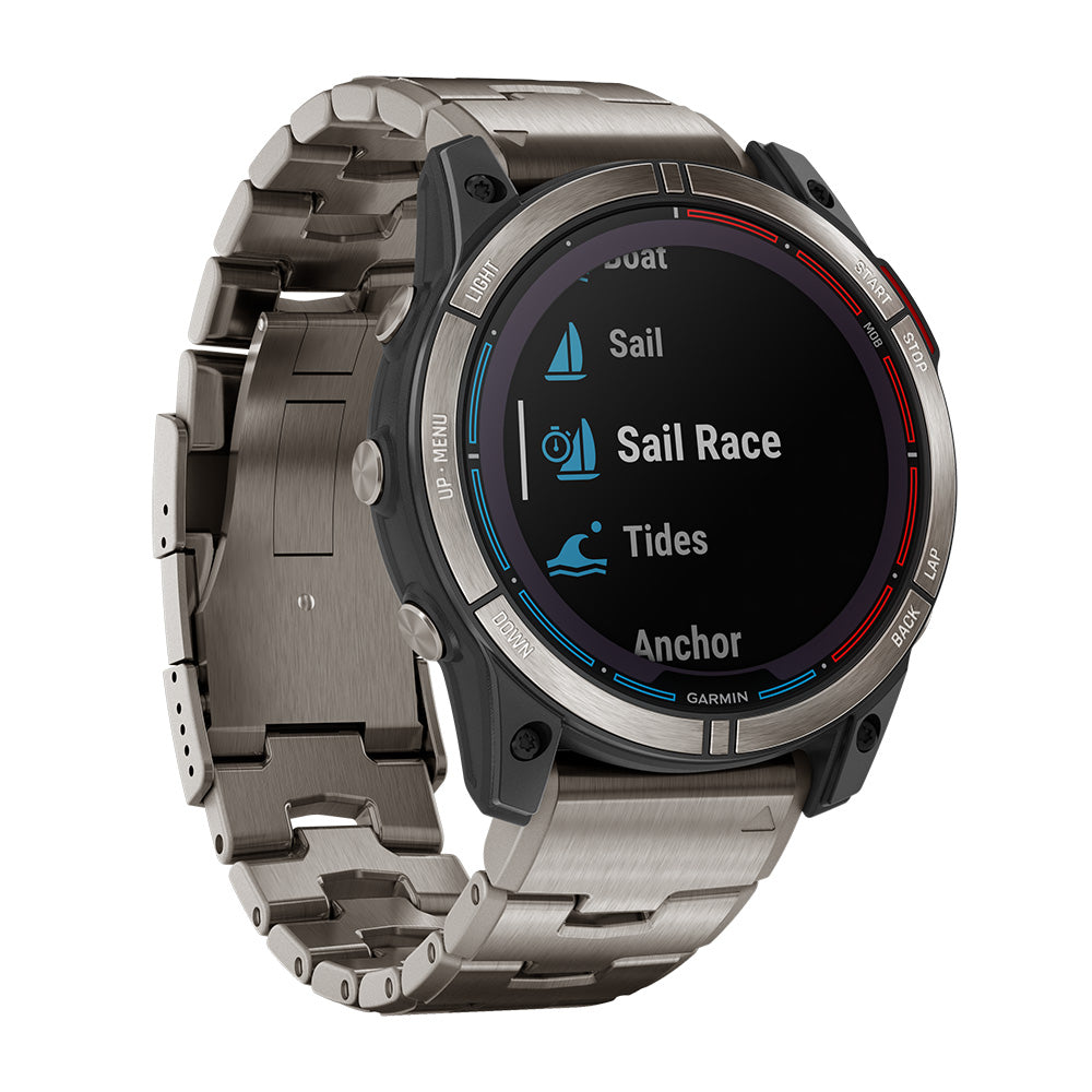 Garmin quatix 7 Solar Edition marine GPS smartwatch with solar charging, shown in close-up detail of the rugged watch face and band.