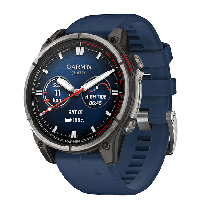 Garmin quatix 8 47mm AMOLED Marine GPS Smartwatch showing digital watch face with marine navigation features