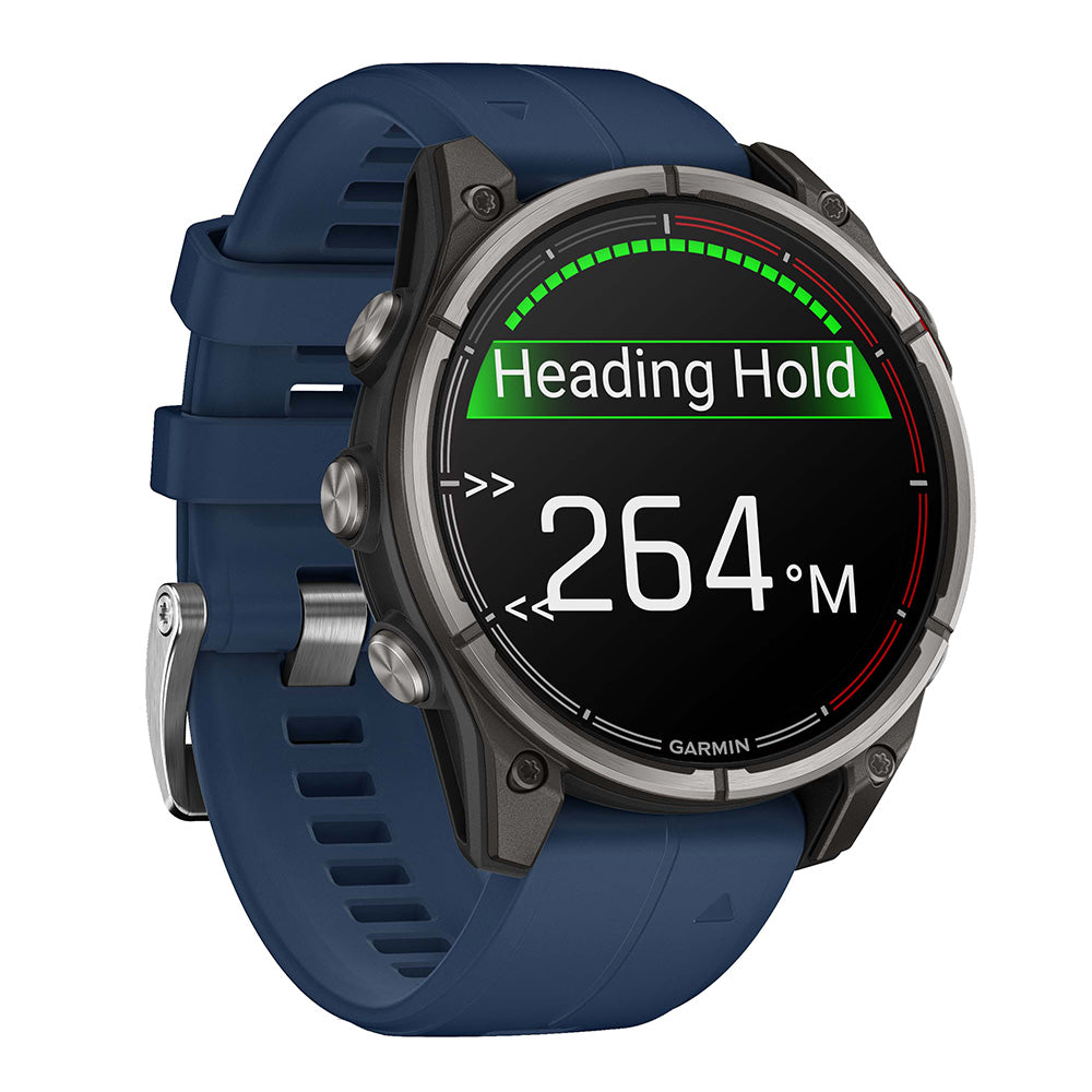 Garmin quatix 8 47mm AMOLED Marine GPS Smartwatch displaying nautical navigation features and marine activity tracking.