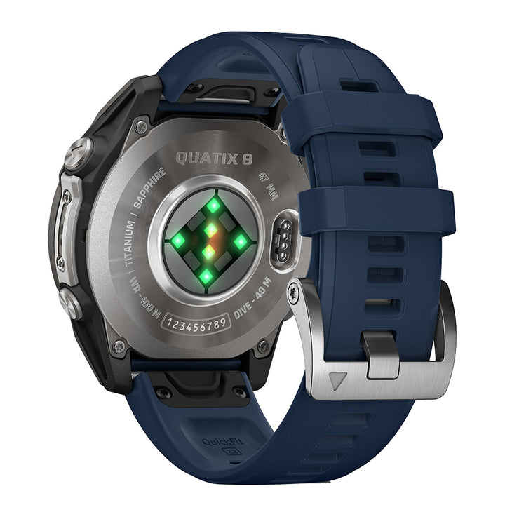 Garmin quatix 8 47mm AMOLED Marine GPS Smartwatch showing digital watch face with marine navigation features.