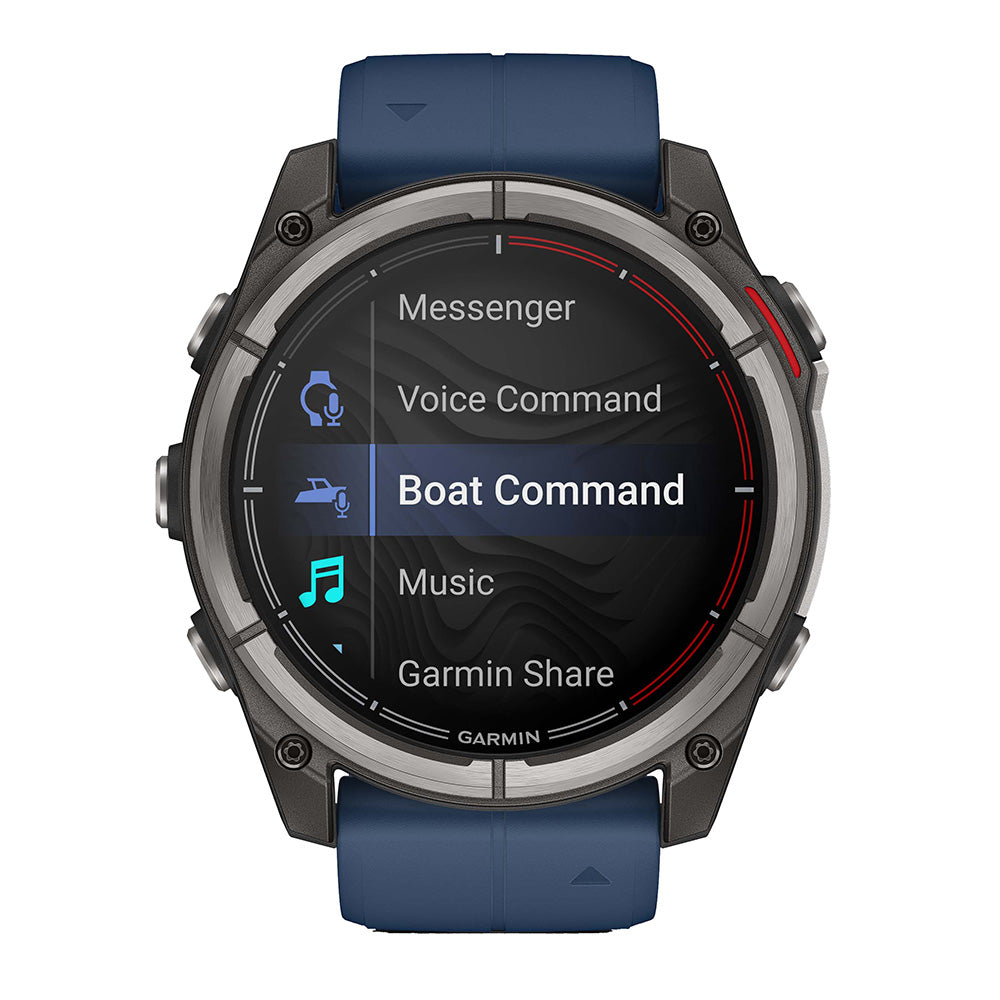 Garmin quatix 8 51mm AMOLED Marine GPS Smartwatch showing digital display and marine navigation features, accessory for boating.