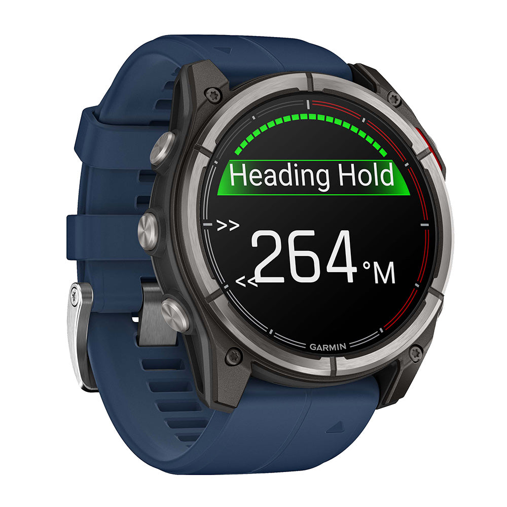 Garmin quatix 8 51mm AMOLED Marine GPS smartwatch showing nautical interface and durable strap for marine navigation.