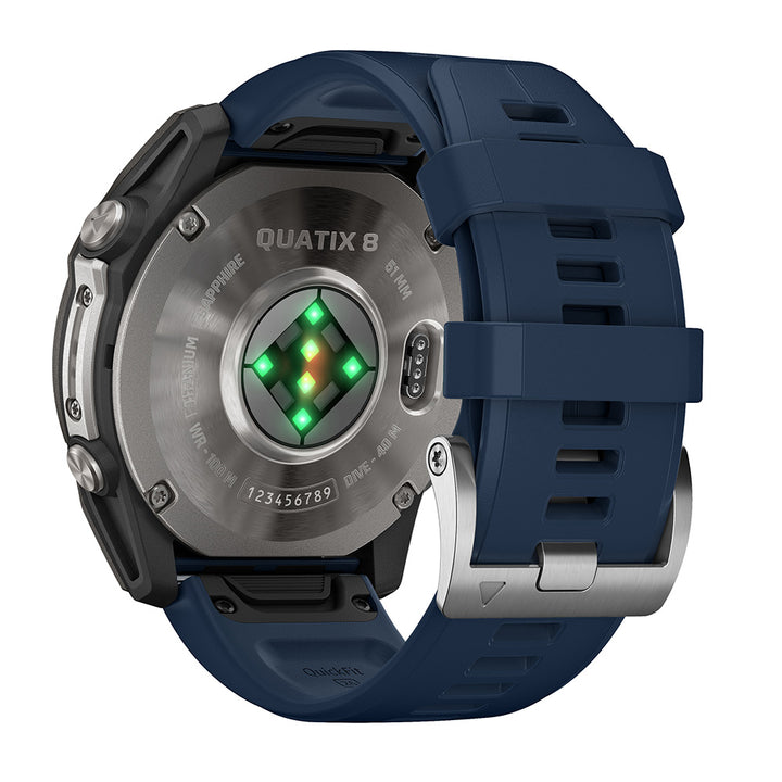 Garmin quatix 8 51mm AMOLED Marine GPS smartwatch with durable strap, showcasing its sleek design and marine navigation features.