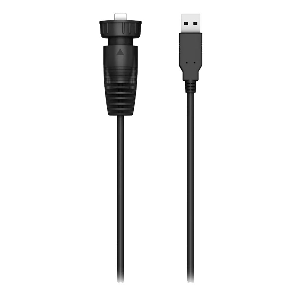 Garmin USB-C to USB-A male adapter cable for accessories, showing the compact black connector with brand logo.