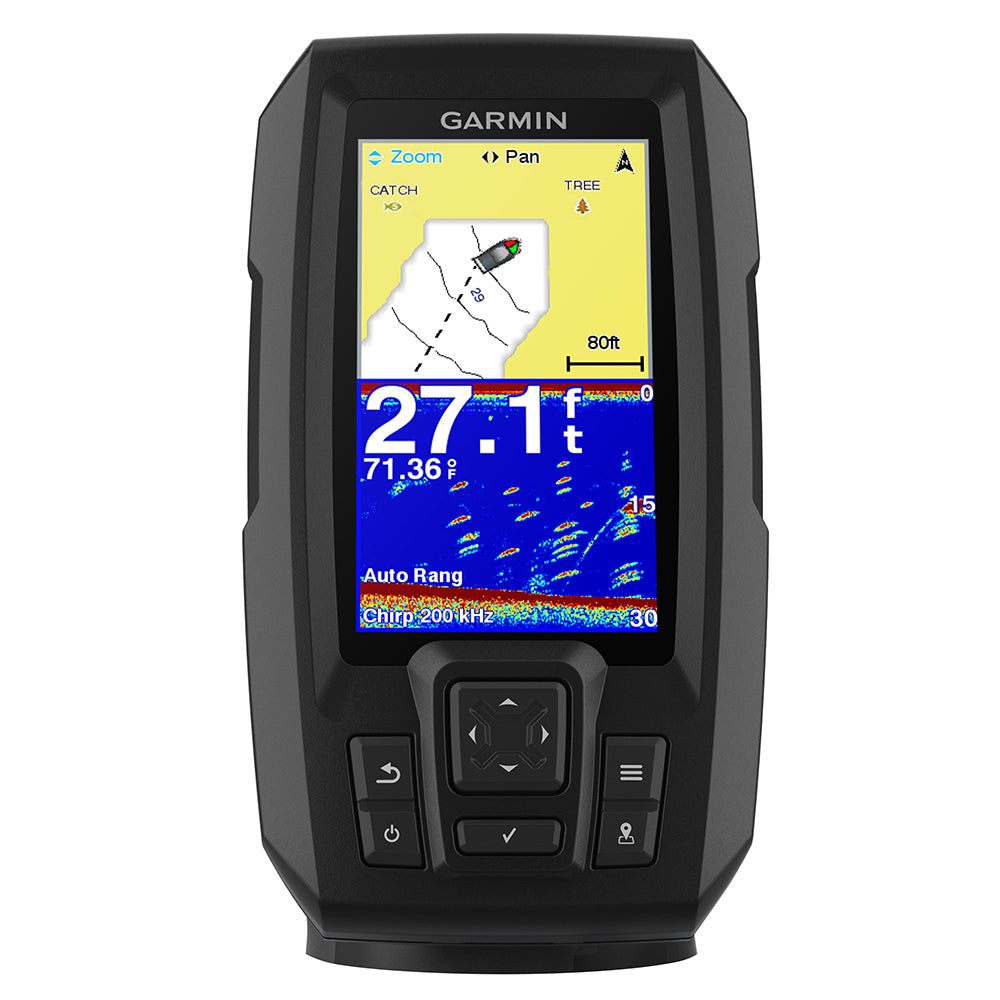 Garmin STRIKER Plus 4 US fishfinder with dual beam transducer, showing screen display of underwater fish and mapping data.