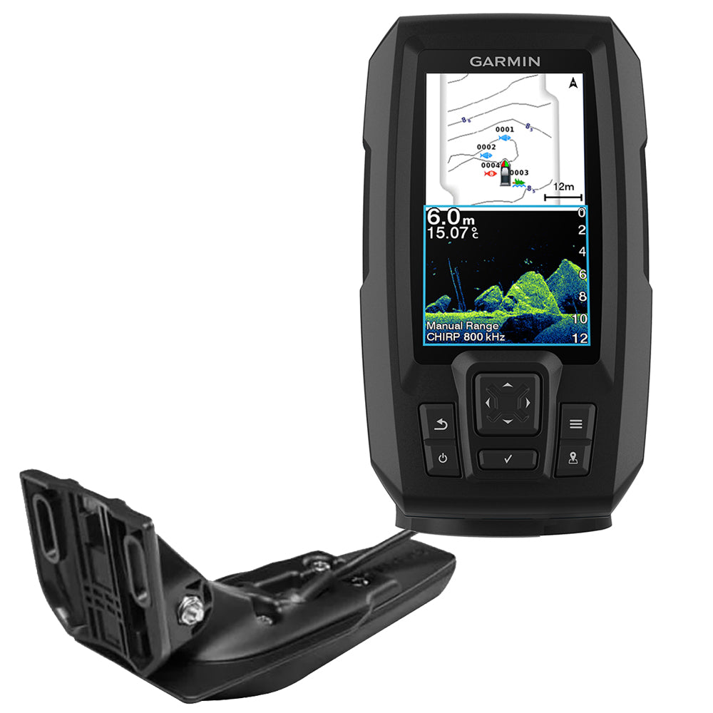 Garmin STRIKER Vivid 4cv fishfinder with GT20-TM transducer showing sonar display on screen