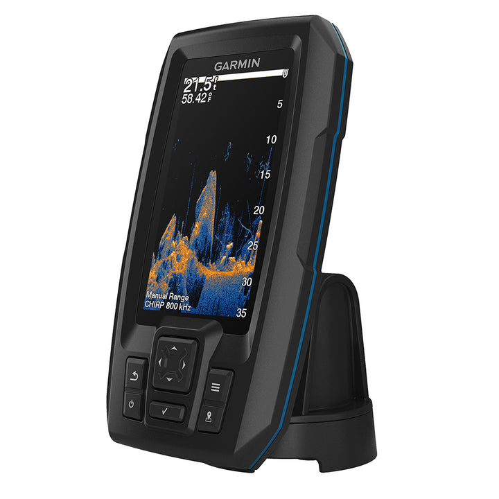 Garmin STRIKER Vivid 4cv fishfinder with GT20-TM transducer, displaying underwater images on the screen.