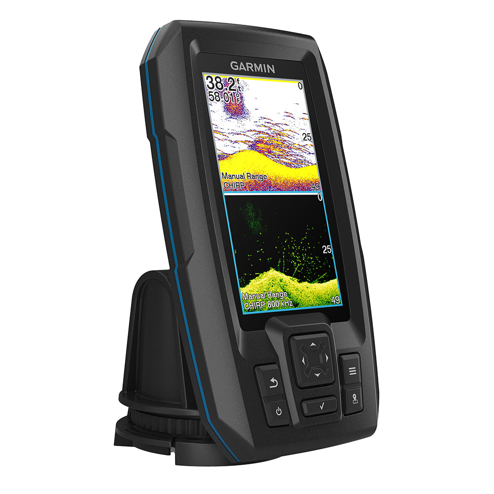 Garmin STRIKER Vivid 4cv fishfinder with GT20-TM transducer displaying sonar screen with underwater details and fish arches.
