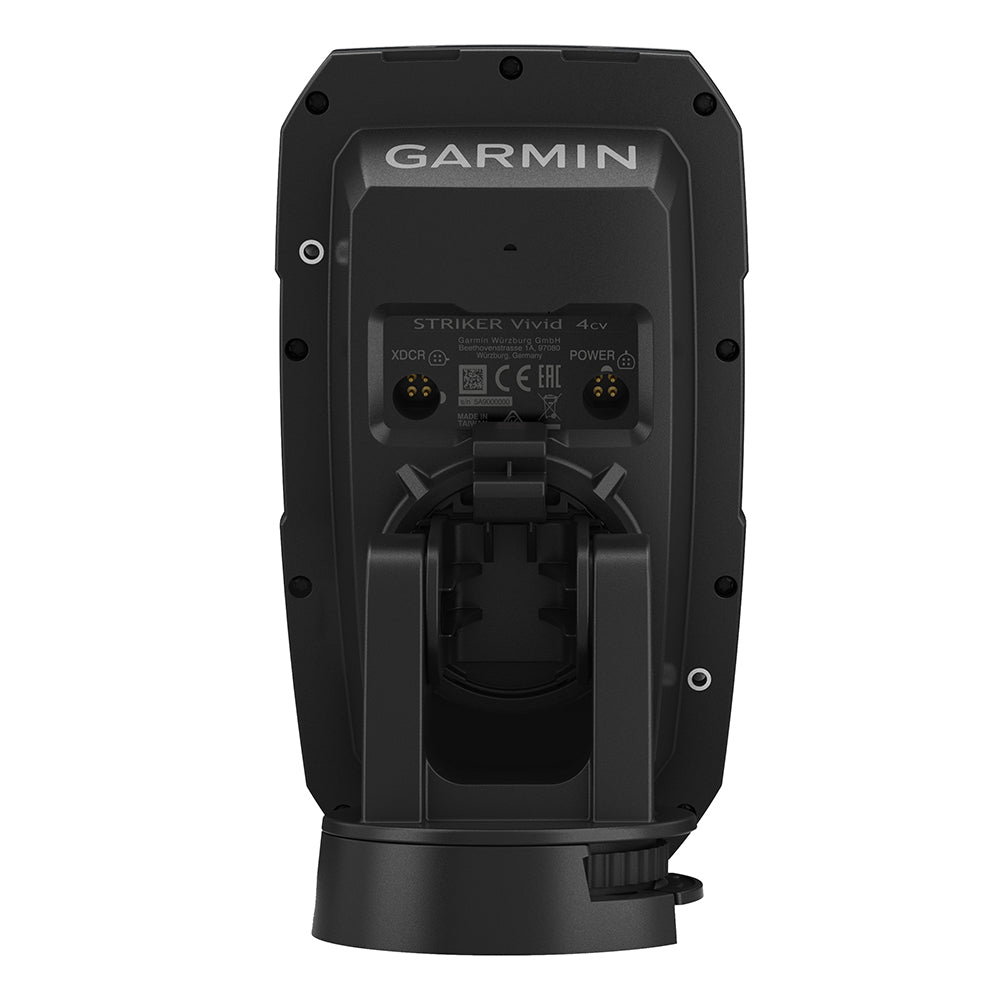 Garmin STRIKER Vivid 4cv fishfinder display with transducer, showing sonar readings and underwater mapping features.