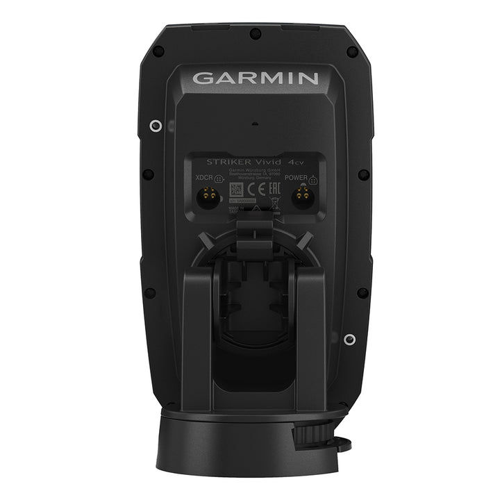 Garmin STRIKER Vivid 4cv fishfinder display with transducer, showing sonar readings and underwater mapping features.