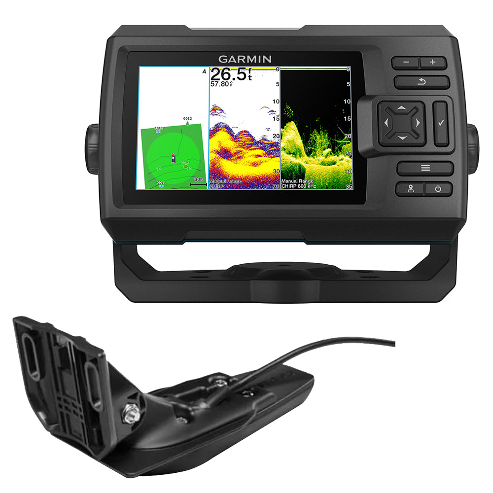 Garmin STRIKER Vivid 5cv fishfinder displaying sonar readings on screen with transducer attached, used for underwater fish detection.