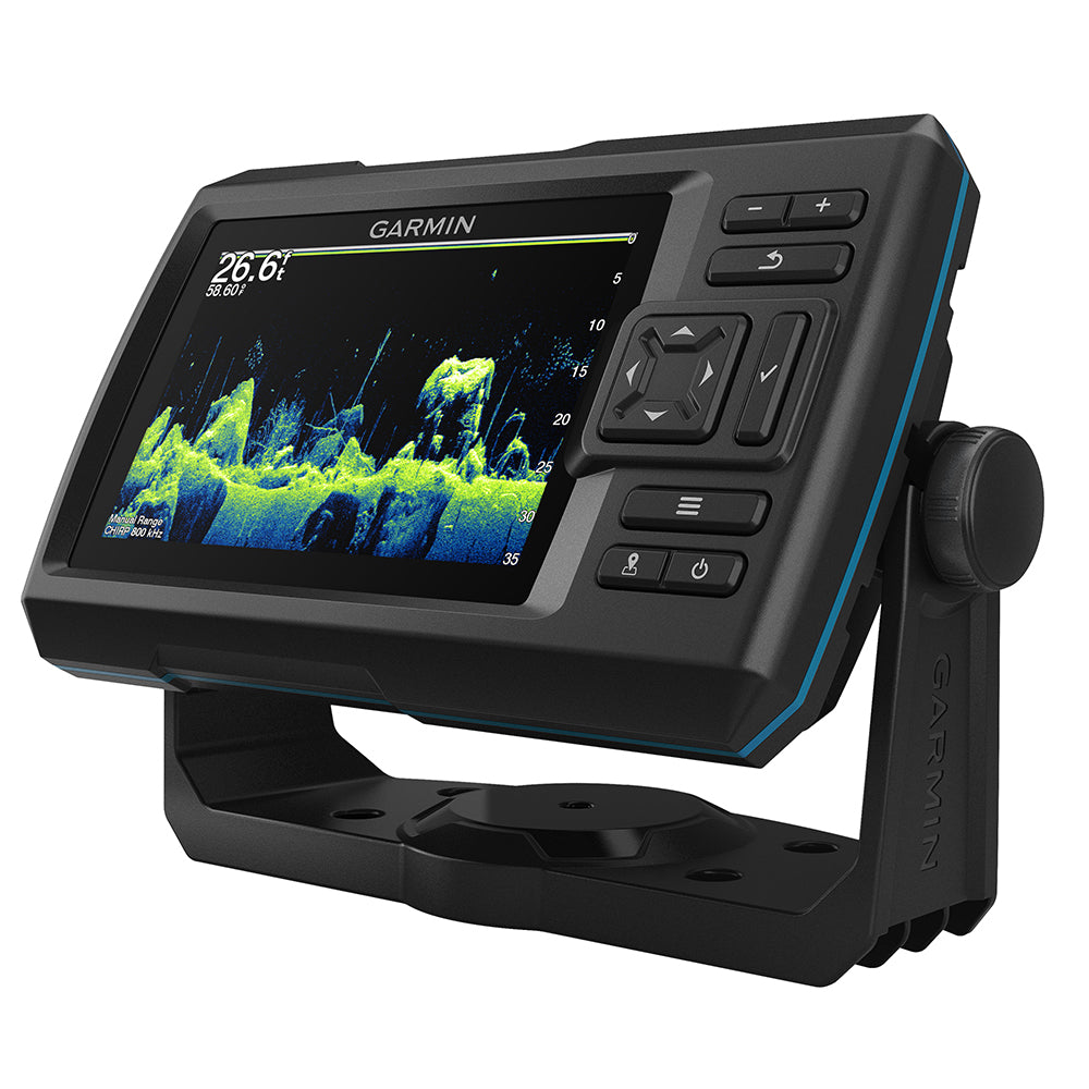 Garmin STRIKER Vivid 5cv fishfinder display showing underwater sonar readings with GPS and depth data.