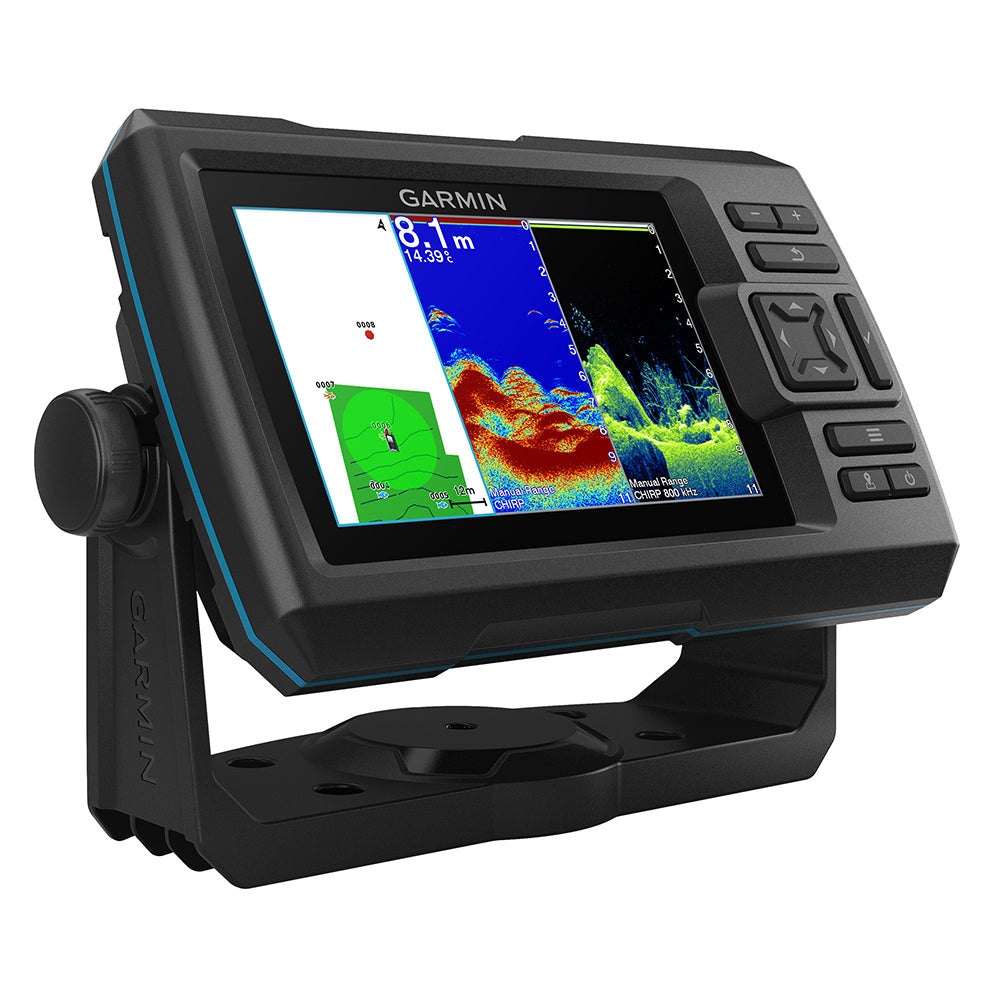 Garmin STRIKER Vivid 5cv fishfinder displaying underwater images and sonar readings on the screen.