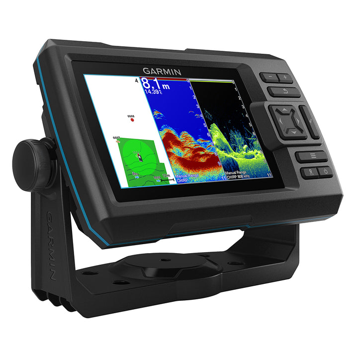 Garmin STRIKER Vivid 5cv fishfinder displaying underwater images and sonar readings on the screen.