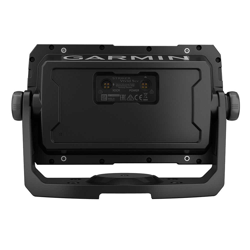 Garmin STRIKER Vivid 5cv fishfinder displaying sonar readings on screen with transducer mounted, showing underwater details for fishing.