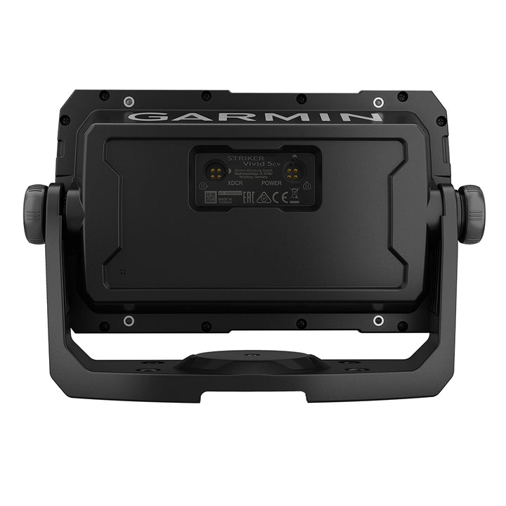 Garmin STRIKER Vivid 5cv fishfinder displaying sonar readings on screen with transducer mounted, showing underwater details for fishing.