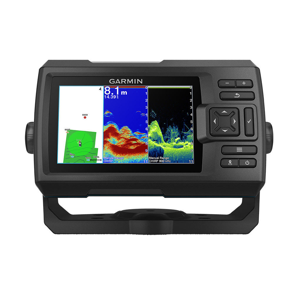 Garmin STRIKER Vivid 5cv fishfinder display showing sonar readings and underwater visuals, without transducer.
