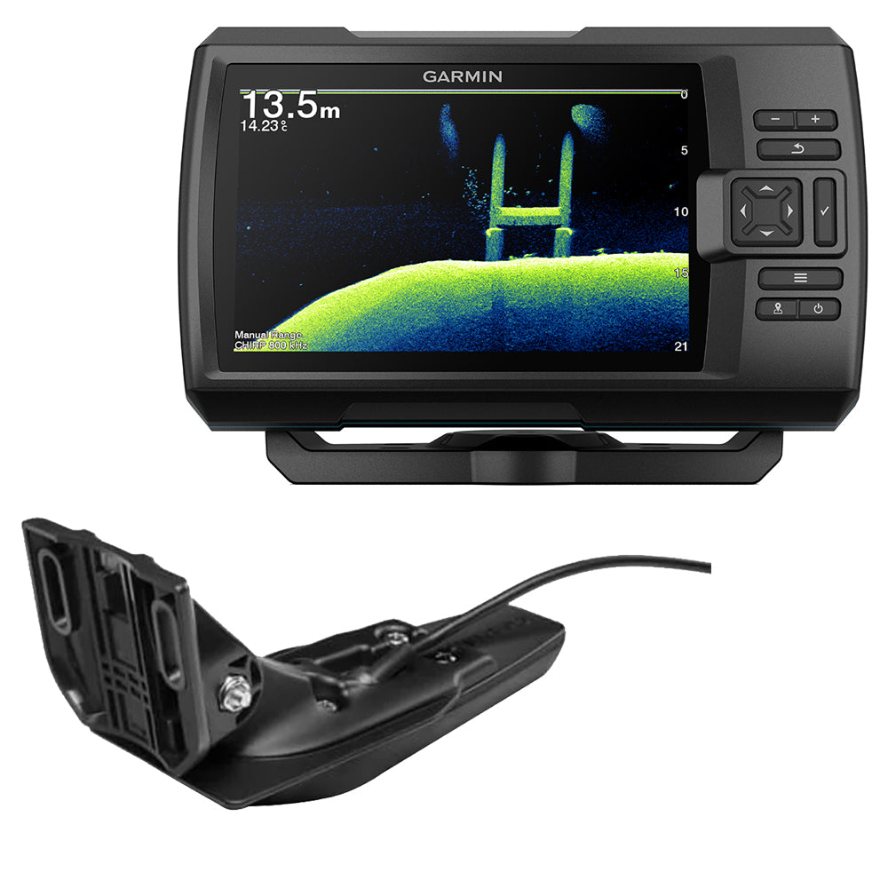 Garmin STRIKER Vivid 7cv fishfinder displaying underwater view with sonar display and detailed fish detection features.