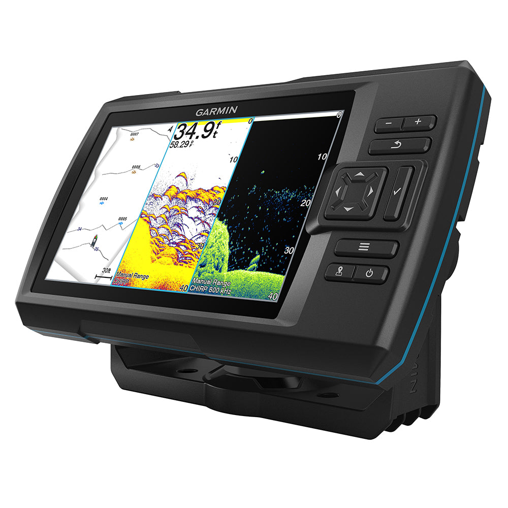 Garmin STRIKER Vivid 7cv fishfinder displaying underwater images and sonar readings on its screen with a transducer attached