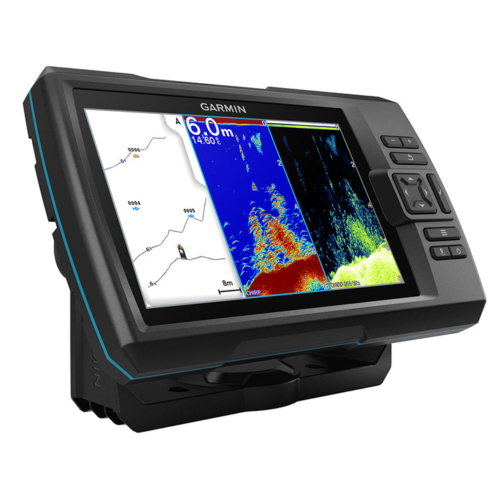 Garmin STRIKER Vivid 7cv fishfinder displaying sonar readings on a screen with control buttons and mounting hardware.