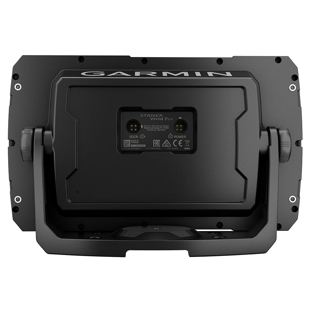 Garmin STRIKER Vivid 7cv fishfinder display with transducer, showing sonar data and underwater images on the screen.