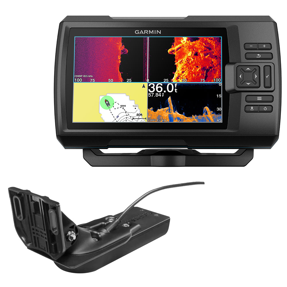 Garmin STRIKER Vivid 7sv fishfinder with GT52HW-TM transducer showing sonar display and underwater mapping features.