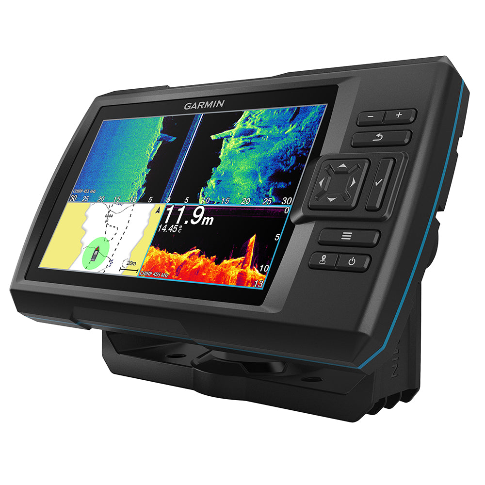 Garmin STRIKER Vivid 7sv fishfinder displaying sonar readings and detailed underwater images on its screen.