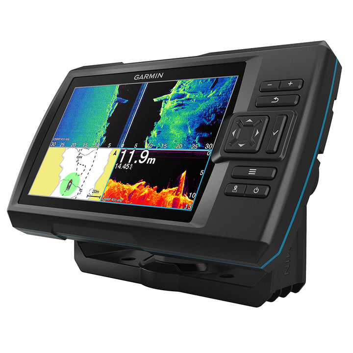 Garmin STRIKER Vivid 7sv fishfinder displaying sonar readings and detailed underwater images on its screen.