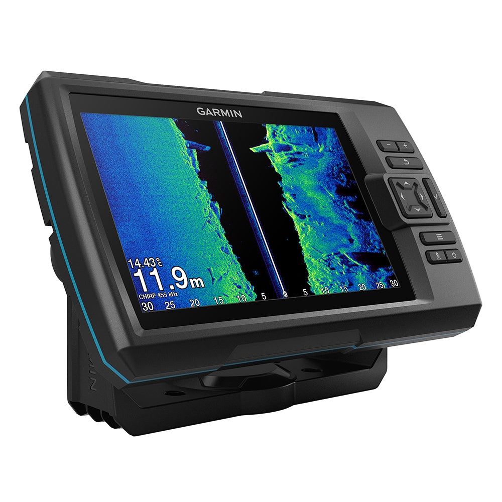 Garmin STRIKER Vivid 7sv fishfinder with GT52HW-TM transducer showing sonar display and underwater fish images.