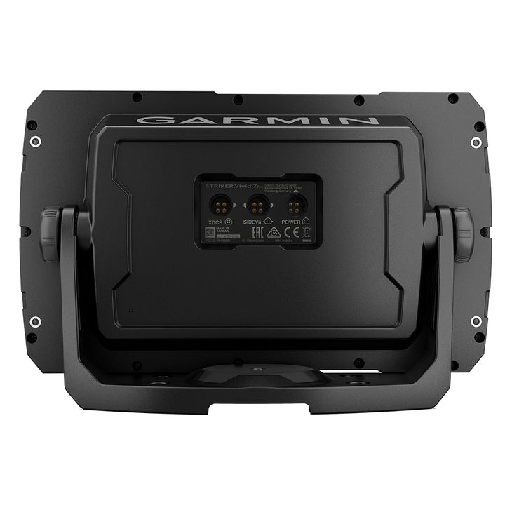 Garmin STRIKER Vivid 7sv fishfinder with GT52HW-TM transducer displaying underwater sonar image and detailed fish targets.