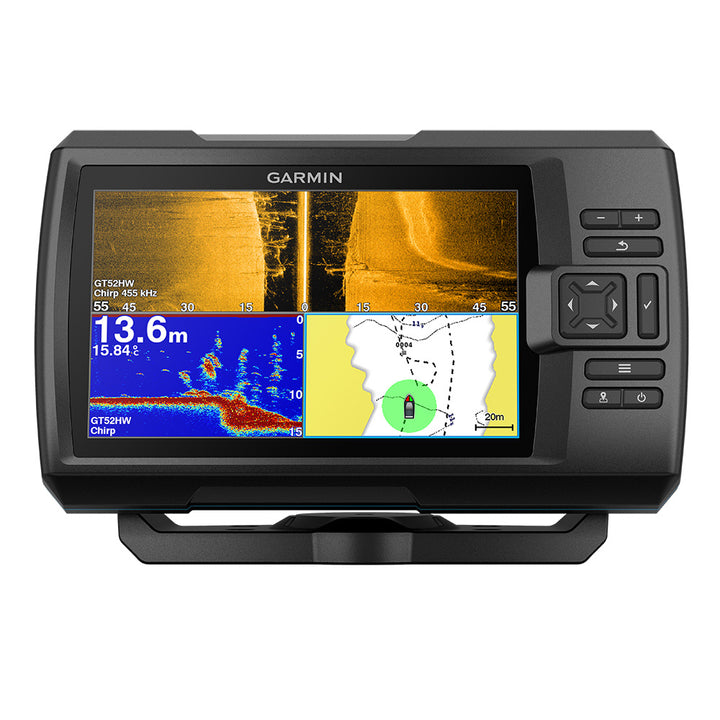 Garmin STRIKER Vivid 7sv fishfinder display showing sonar readings and detailed underwater images without transducer.