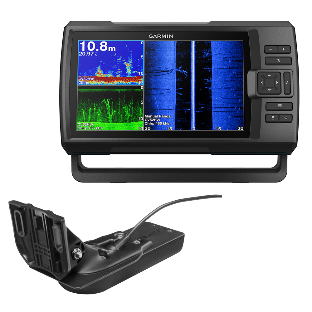 Garmin STRIKER Vivid 9sv fishfinder with GT52HW-TM transducer showing sonar display on screen