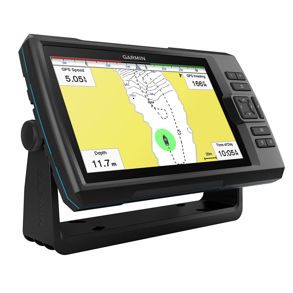 Garmin STRIKER Vivid 9sv fishfinder with GT52HW-TM transducer showing sonar display on screen.