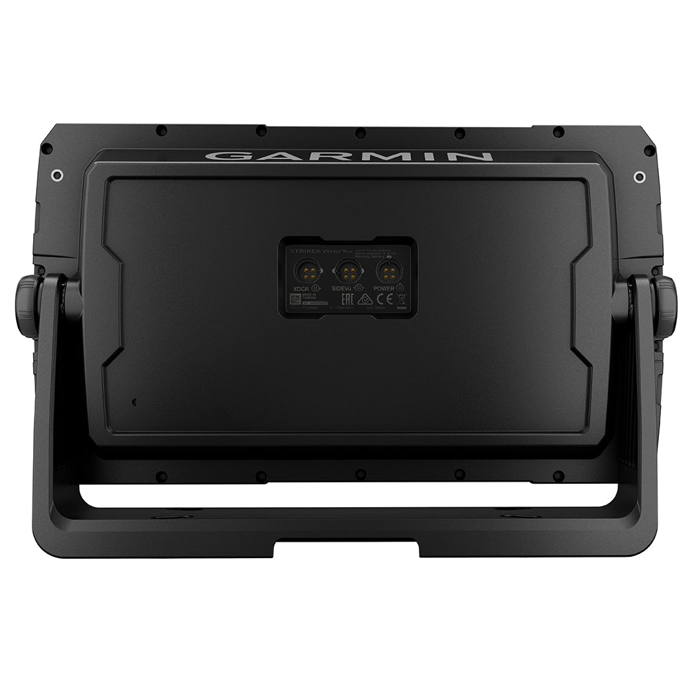 Garmin STRIKER Vivid 9sv fishfinder with GT52HW-TM transducer showing sonar display and underwater imagery.