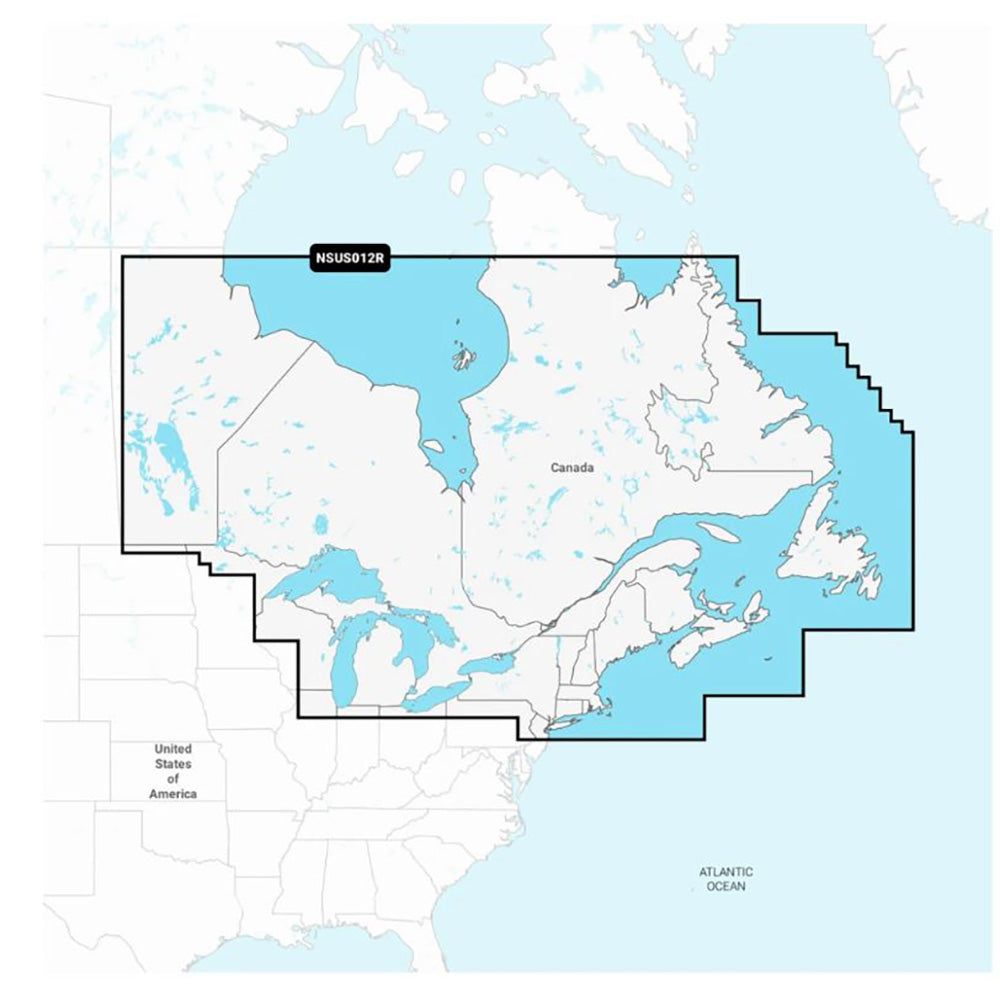 Garmin Navionics+ NSUS012R map for Canada East and Great Lakes, showing detailed nautical charts and coastal features.
