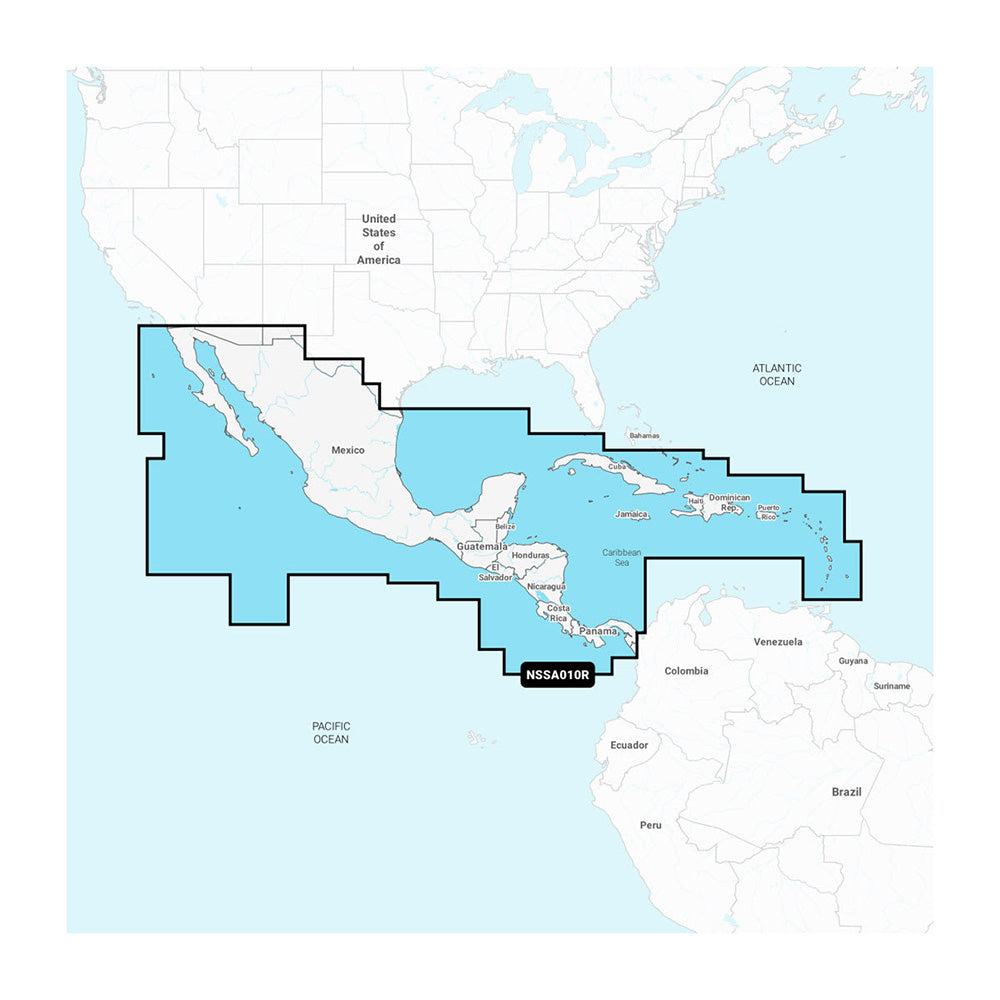 Garmin Navionics+ Central America and Caribbean nautical chart display on Garmin GPS device showing coastal and maritime details
