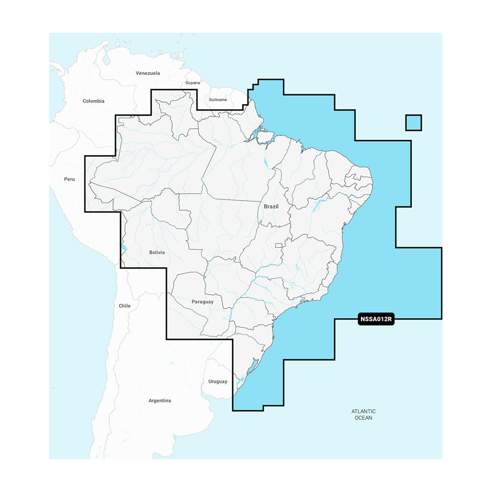 Garmin Navionics+ NSSA012R Brazil nautical chart display on Garmin navigation device showing Brazilian coastal waters.