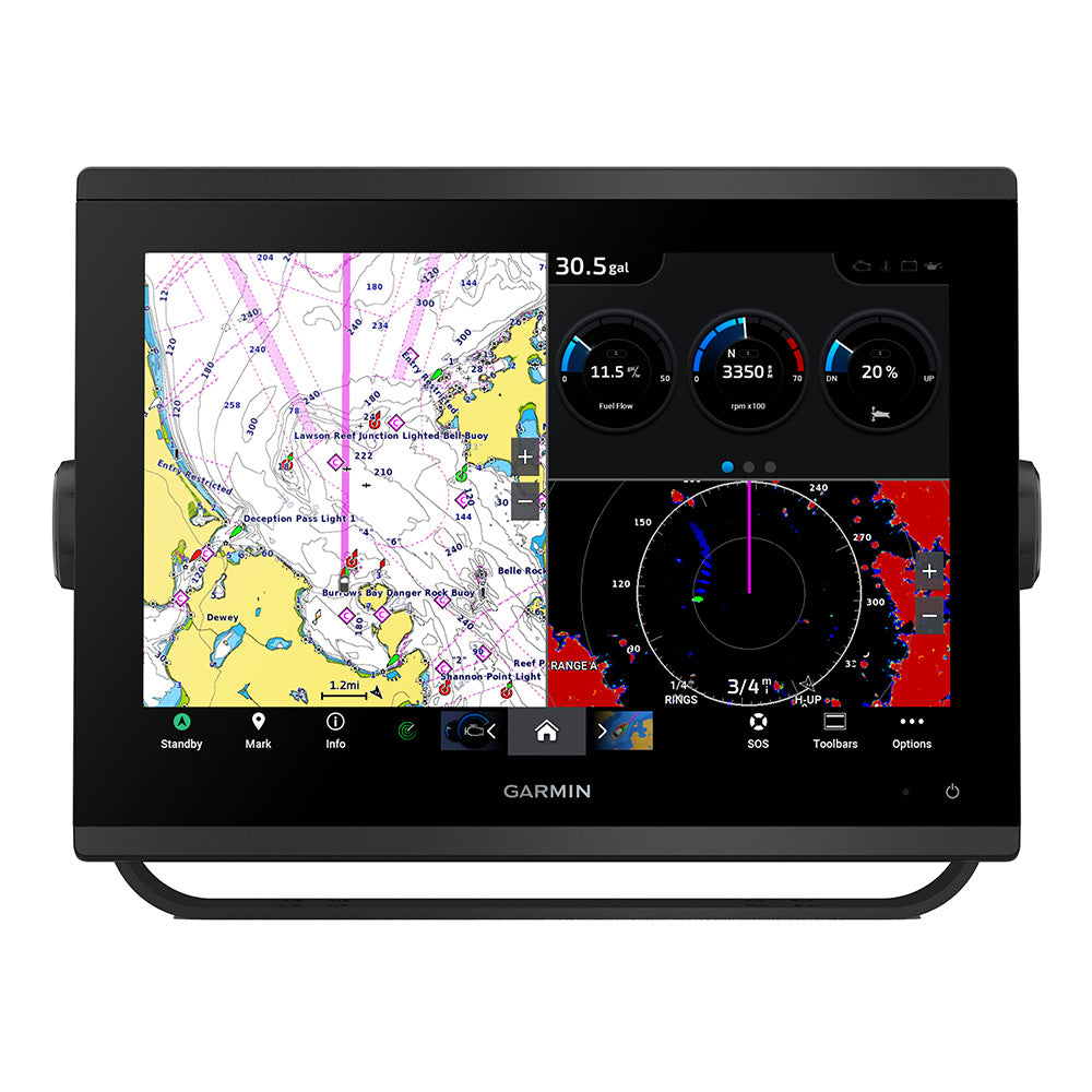 Garmin GPSMAP 1243 Chartplotter GN+ displaying detailed marine navigation charts on a high-resolution screen.