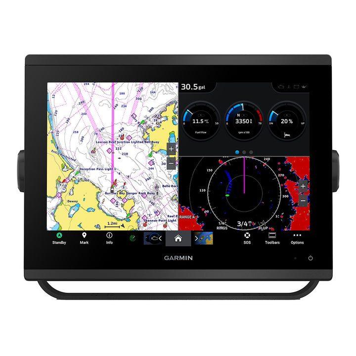 Garmin GPSMAP 1243 Chartplotter GN+ displaying detailed marine navigation charts on a high-resolution screen.