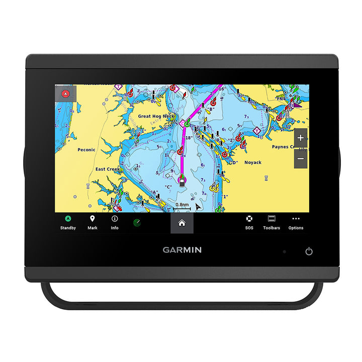 Garmin GPSMAP 743 chartplotter displaying nautical charts and navigation interface on a marine GPS device.