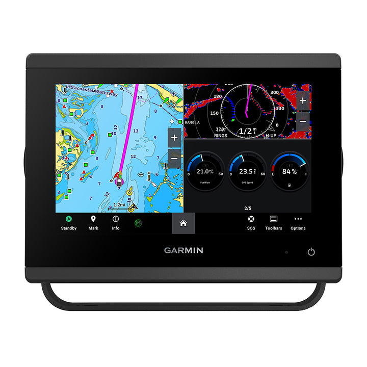 Garmin GPSMAP 743 chartplotter GPS device with detailed navigational screen and controls, designed for marine navigation.