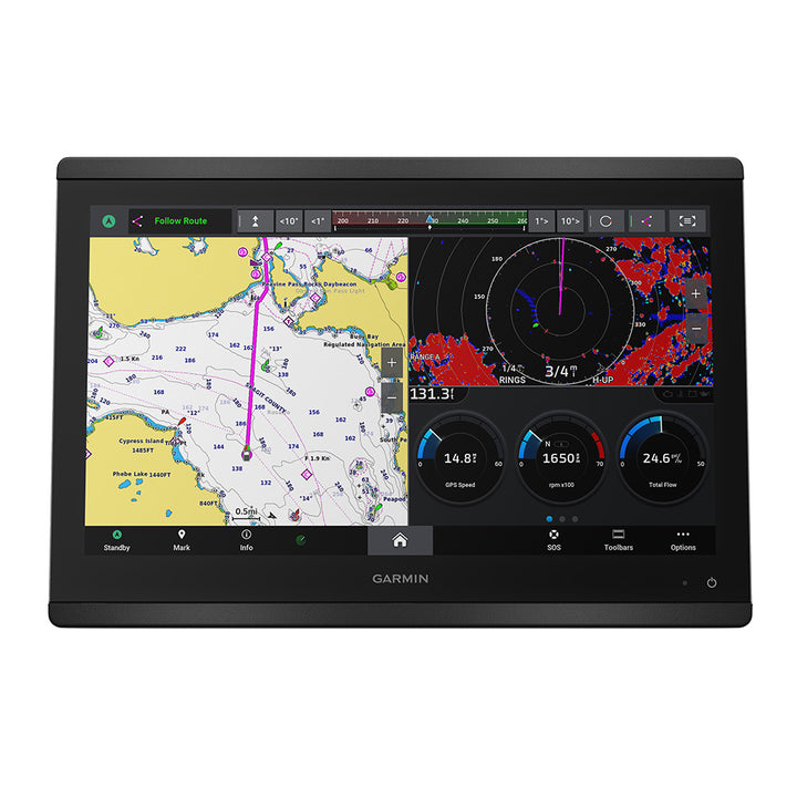 Garmin GPSMAP 8616 chartplotter with GN+ GPS navigation display showing detailed marine charts and interface.