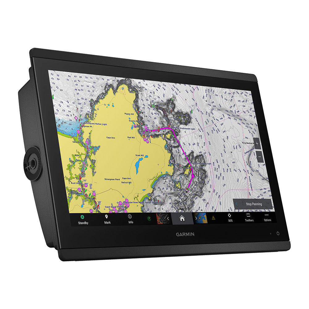 Garmin GPSMAP 8616 Chartplotter GN+ display showing detailed marine charts and navigation interface.
