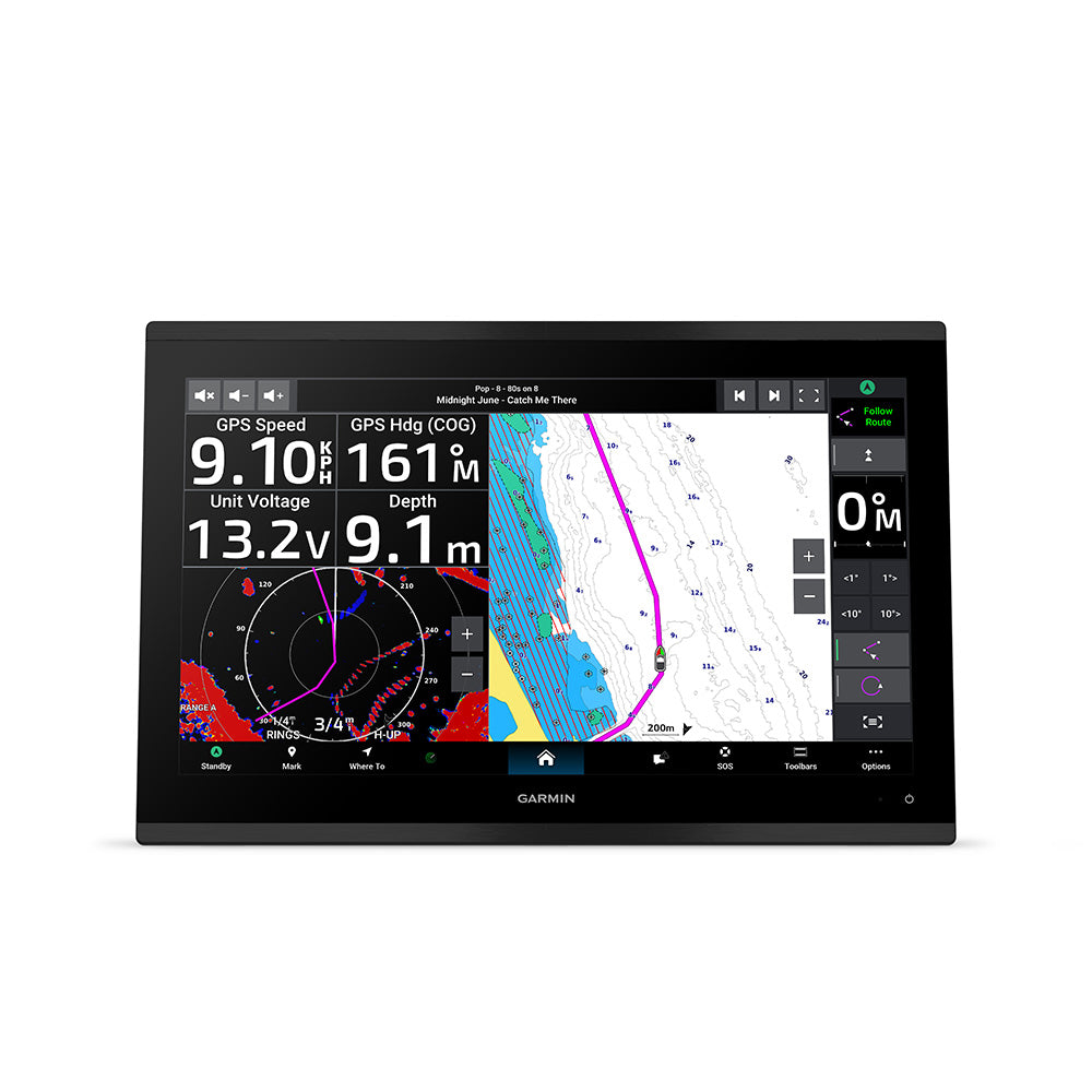 Garmin GPSMAP 9017 Premium Chartplotter with worldwide basemap displaying nautical charts on the screen.