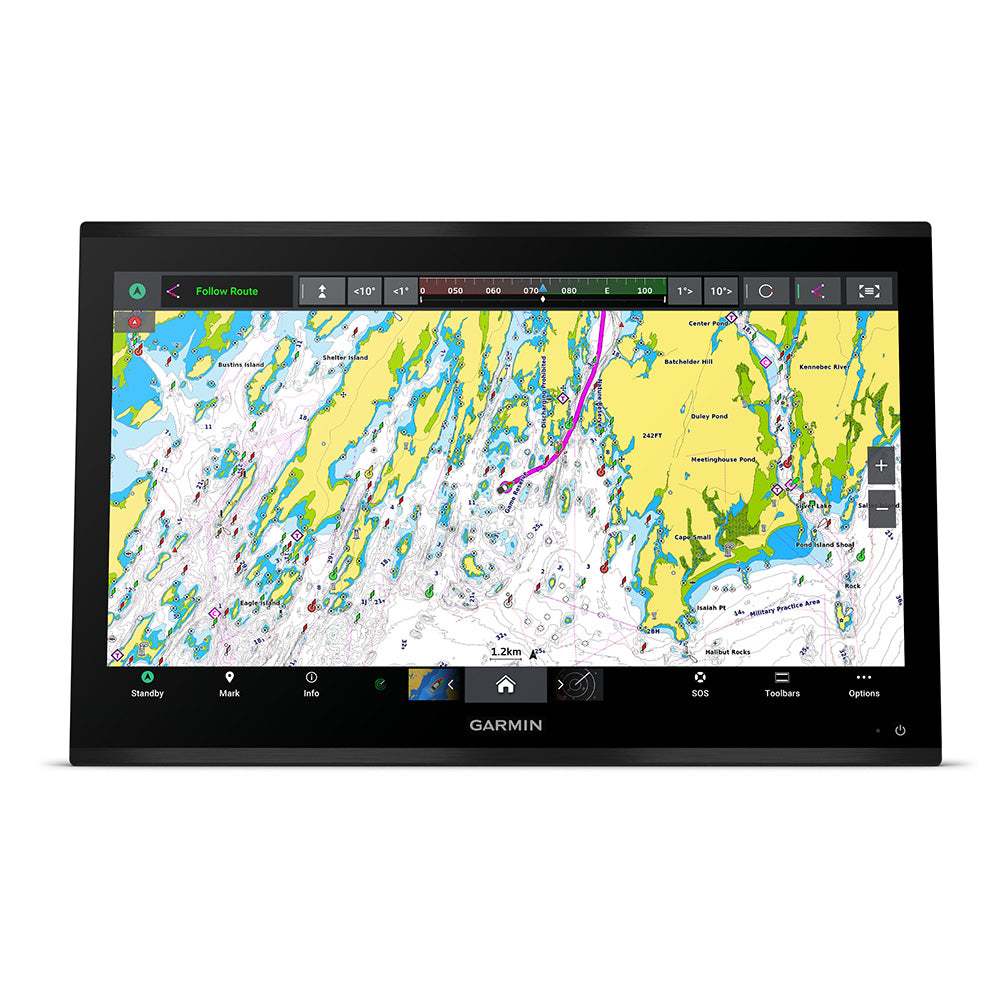 Garmin GPSMAP 9024 24-inch premium chartplotter displaying marine charts and navigation interface on the screen.