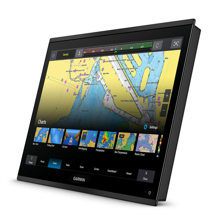 Garmin GPSMAP 9024 24-inch premium chartplotter displaying nautical maps and navigation interface with global basemap.