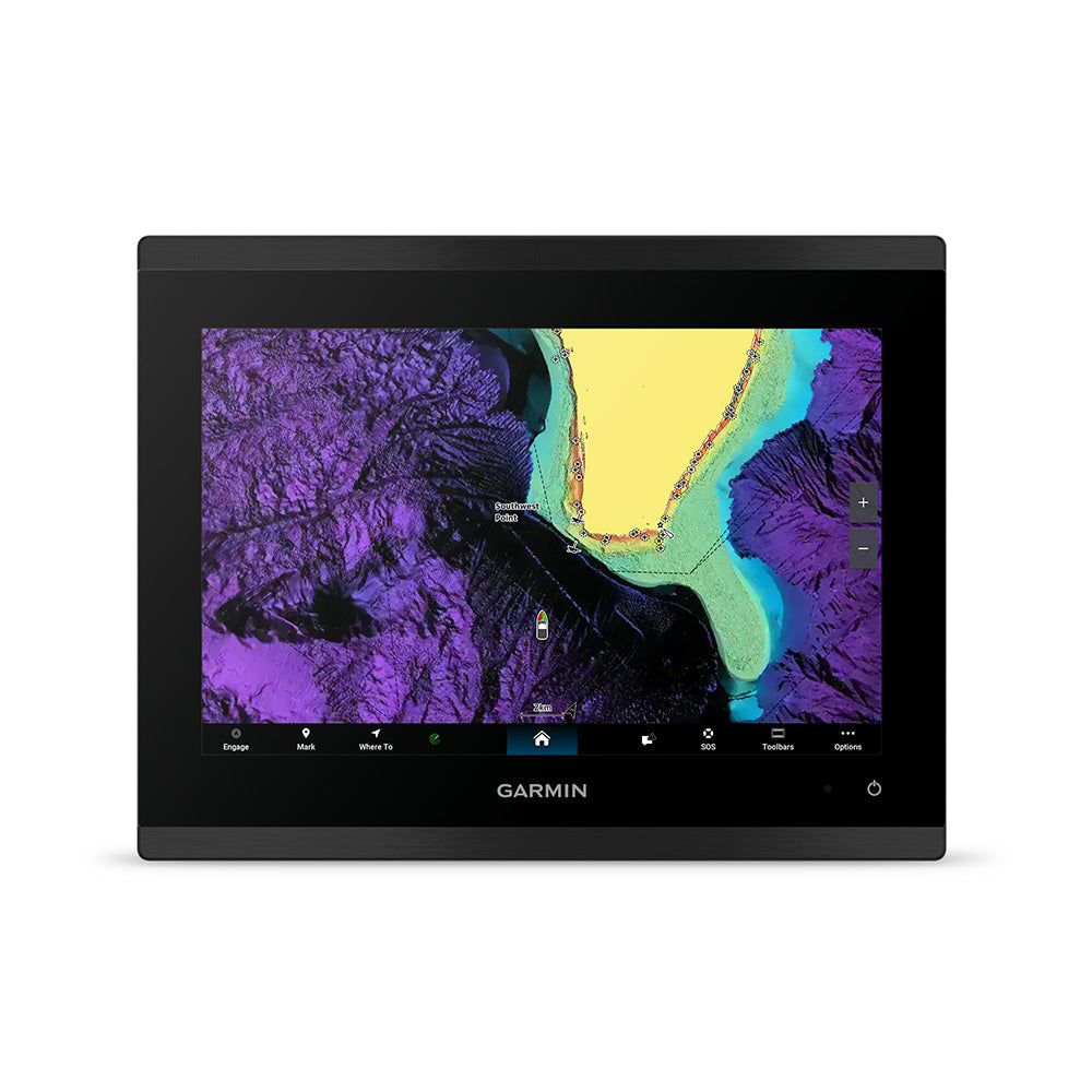 Garmin GPSMAP 9210 Premium Chartplotter with Garmin Navionics+ display showing detailed marine charts and navigation interfaces.