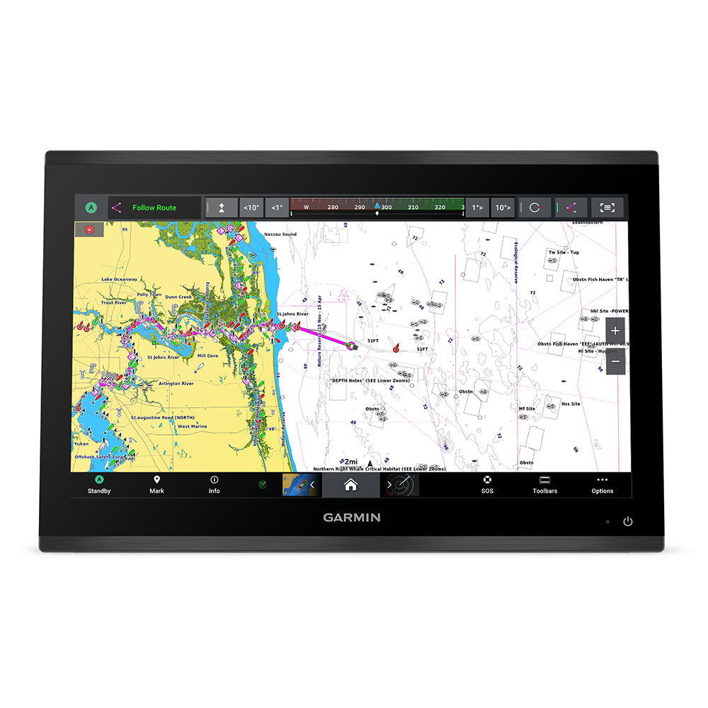 Garmin GPSMAP 9219 19-inch premium chartplotter with Garmin Navionics+ display showing detailed marine navigation charts.